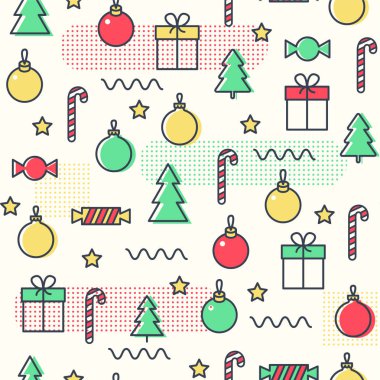 Memphis seamless modeli yeni yıl. Arka plan. Poster, Noel ağacı süslemeleri ve geometrik öğelerle birlikte kart tasarımı. Vektör çizim.