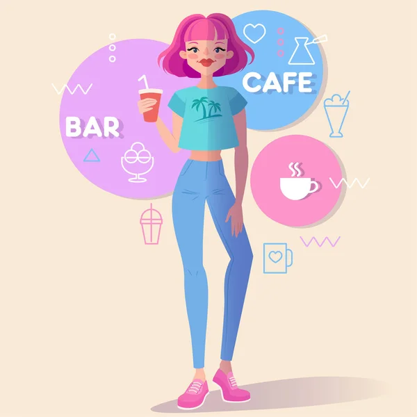アイコンを含むベクトル イラストのバーとカフェのテーマ ピンク髪とコーヒーのカップを持つ少女 夏のテーマです フラットなデザイン スタイルの女の子 漫画のキャラクター ベクトル図 — ストックベクタ