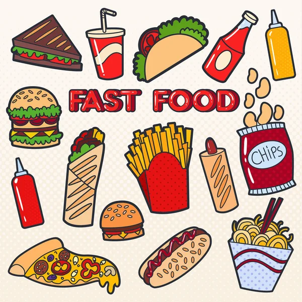 Set Pop Art Badges Fast Food — Stock Vector