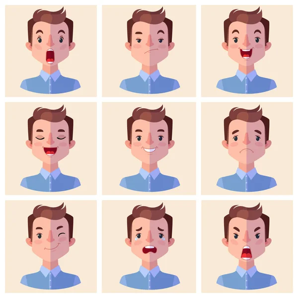 Avatars Emoties Stel Een Man Met Een Scala Aan Emoties — Stockvector