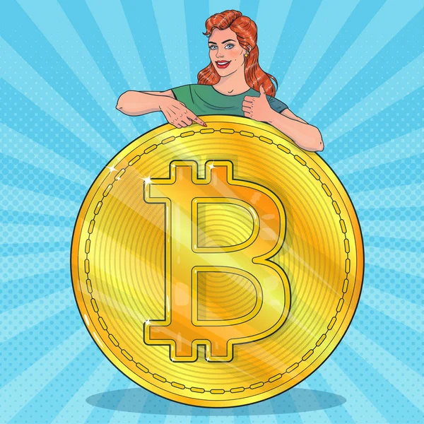 Büyük bitcoin olan kadın. Gülümseyen kadın. Hareketleri başparmak yukarıya. Vektör çizim pop sanat tarzı.