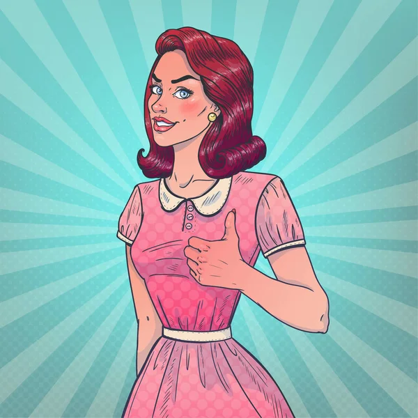 Pop sanat tarzı gülümseyen kız. Başparmak tabela gösteriliyor. Vektör çizim.