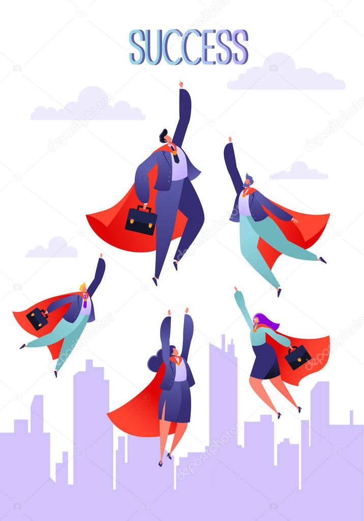 hero, business, vector, illustration, super, superhero, people, flying, concept, flat, man, woman, red, character, leadership, work, up, team, design, cartoon, leader, success, businessman, employee, manager, power, career, website, suit, professiona