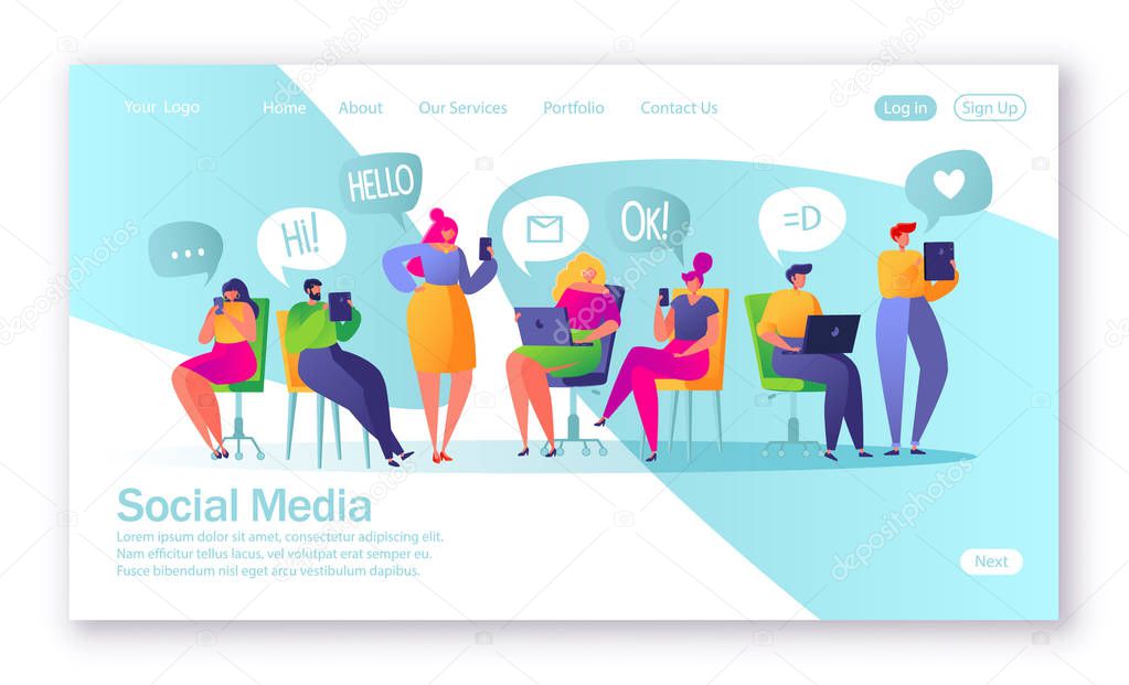 Concept of landing page on social media theme. Vector illustration for mobile website development and web page design. Vector illustration with set of flat people characters chatting in social network