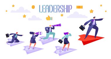 İş takım kavramı. Beş iş adamları üzerinde uçan uçaklar kağıt. Şef kırmızı uçağa aşağıdaki insanlar. Patron başarı için yol gösteriyor. Vektör çizim liderlik tema, motivasyon, ekip çalışması.