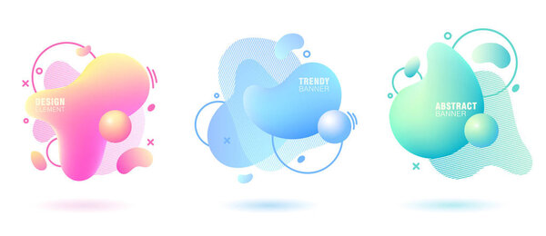 Set of abstract, modern, fluid, trendy gradient banner. Dynamical colored forms with lines, flowing liquid shapes and 3D elements. Template for design of a logo. Badge set for presentation or flyer.