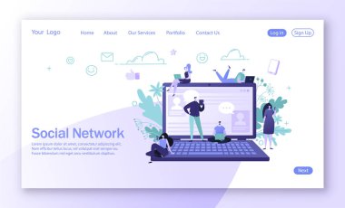 Sayfa tasarımı sosyal medya ağ konulu açılış. Erkek ve kadın karakter iletişim ve sosyal ağ sohbet. Web sitesi veya web sayfası için ağ kavramı. Düz tasarlamak vektör.