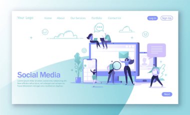 Vektör çizim mobil web sitesi geliştirme ve web sayfası tasarımı için. Chat yapan erkek ve kadın karakter ve mobil cihazlar kullanarak bloglama. Küresel internet topluluk. Sanal iletişim kavramı.