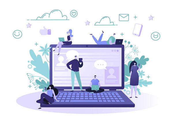 Векторная иллюстрация с набором персонажей плоских людей в чате в социальной сети. Концепция социальных сетей. Глобальное интернет-сообщество. Плоский дизайн и векторная иллюстрация в стиле мультфильма
.