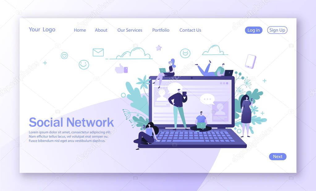 Landing page design on social media network theme. Man and woman characters communication and chatting in social network. Networking concept for website or web page. Flat design vector illustration.