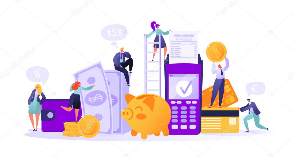 Business and finance theme. Concept of online banking, money transaction technology. Credit card and payment terminal. Business people pay coins cash. Flat People Characters Making Money.