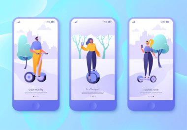 Kentsel hafta sonu mobil uygulaması sayfa, ekran kurulum. Düz tasarım karakter vurgulu komiteler ile kadın ve erkek. Açık kavramı Web sitesi için. Yaşam tarzı ve Eko taşıma konulu açılış sayfası kavramı.