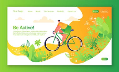 Mobil Web sitesi, web sayfası için sağlıklı yaşam konsepti. Bisiklet sürme adam. Park ağaç ve arka plan üzerinde plantrs. Düz, çizgi film, trendy, vektör çizim. Açılış sayfası kavramı.
