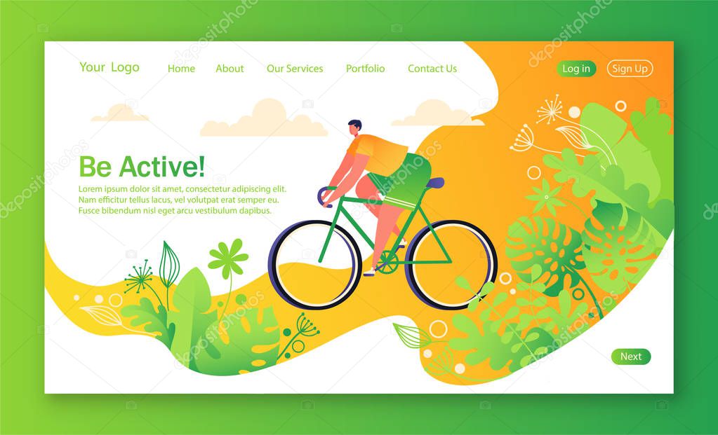 Healthy lifestyle concept for mobile website, web page. Bicycle riding man. Park with trees and plantrs on background. Flat, cartoon, trendy, vector illustration. Concept of landing page.