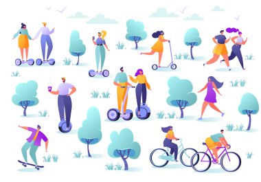 Aktif kişi parkta. Yaz açık. Koşma, at binme bisiklet, kaykay, paten, fitness erkek ve kadın karakter. Hoverboard modern elektrikli scooter sürme düz tasarım karakterler.