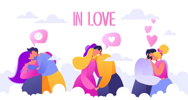 Romantische Vektorillustration Zum Thema Liebesgeschichte Glückliche Flache Menschen Siebten Himmel — Stockvektor