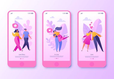 Romantik vektör çizim hareket eden app sayfa, ekran kurulum. Mutlu düz insanlar karakter kucaklamak ve öpmek. Web sitesinde Sevgililer Günü teması için kavram. Aşk hikayesi konulu açılış sayfası kavramı.