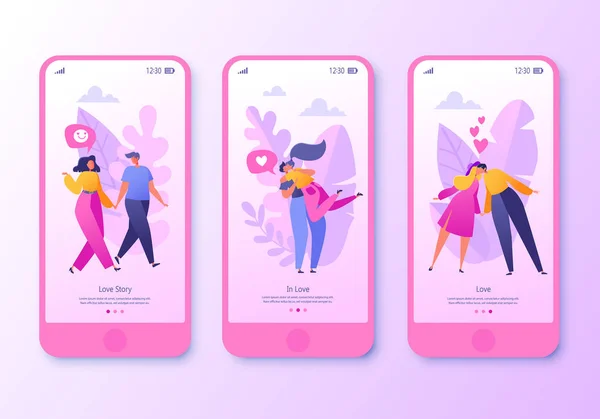 Romantyczny Wektor Ilustracja Aplikacja Mobilna Strona Zestaw Ekranu Szczęśliwi Ludzie — Wektor stockowy
