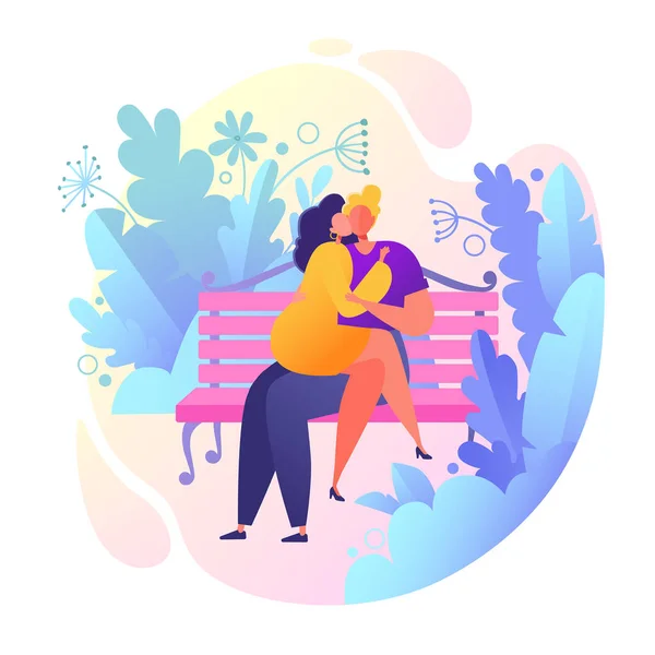 关于爱情故事主题的浪漫矢量插图 快乐平人性格坐在长凳上 拥抱和亲吻 快乐的情人男人和女人调情 — 图库矢量图片