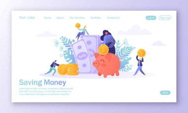 Concept of landing page on finance theme. Flat people, business characters collecting coins into the pink piggy bank. Characters making money. Saving money concept for mobilewebsite, web page. clipart