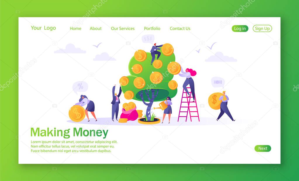 Concept of landing page on finance theme. Making money business investment with flat people characters. Woman watering money tree other characters collecting golden coins. Money profit, income concept