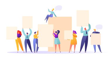İş ekibi içinde tutarak boş afiş eller. Reklam, boş karakterlerle mutlu düz insanlar, reklam panoları, sunum, duyuru. Düz, çizgi film, trendy, vektör çizim.