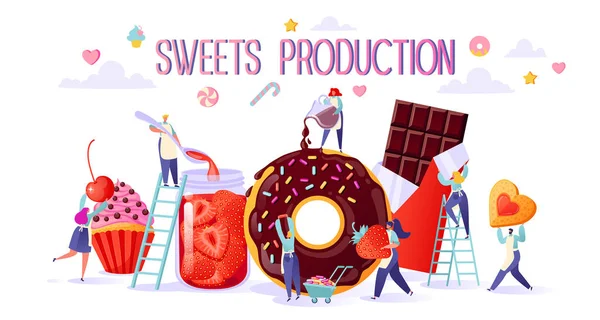 Koncepcja Produkcji Żywności Słodycze Szczęśliwy Płaskie Ludzi Znak Smaczne Ciastko — Wektor stockowy