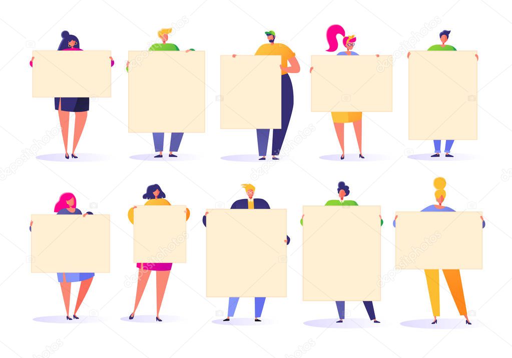 Flat people holding in hands empty banners. Happy flat people characters with advertising, blank, billboards, presentation, announcement. Flat, cartoon, trendy, vector illustration.