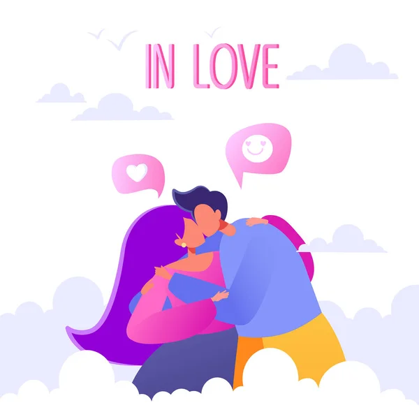 关于爱情故事主题的浪漫矢量插图 快乐平人性格在第七天堂 在云端翱翔 恋爱中的夫妻 拥抱和亲吻 情人节主题的概念 — 图库矢量图片
