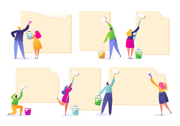 Set Male Female Characters Holding Paint Rollers Glue Ads Happy — Stock Vector