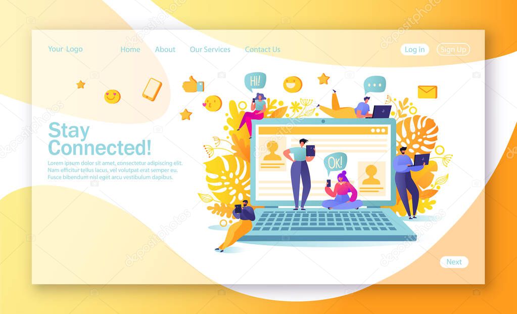 Landing page design on social media network theme. Man and woman characters communication and chatting in social network. Networking concept for website or web page. Flat design vector illustration.