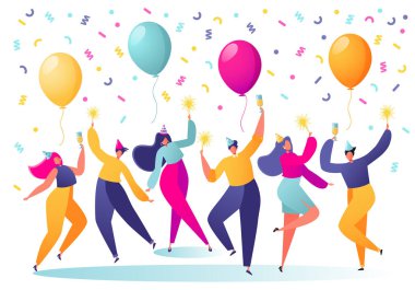 Grup tatil, kutluyor mutlu, neşeli insan olay. Erkek ve kadın karakter dans, eğleniyor ve tost konfeti ve balon arka planda ile having tatil kap. İnsanlar partiye