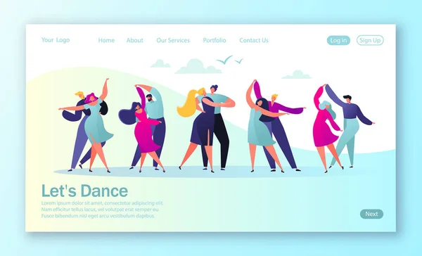 登陆页面的概念与平快乐跳舞的夫妇的人 喜欢古典舞的年轻男女 网站开发 着陆页模板 — 图库矢量图片