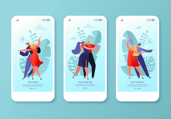 移动应用页面 屏幕设置 概念为网站与平面快乐跳舞情侣的人 喜欢古典舞的年轻男女 五颜六色的向量例证 — 图库矢量图片