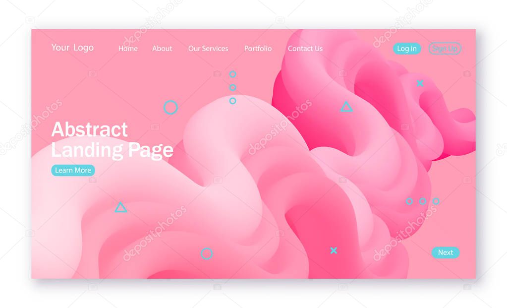 Pink, wave shape, abstract background with liquid form for landing page. Colorful digital and motion pattern. Dynamic textured background with 3d element for website, web page design.
