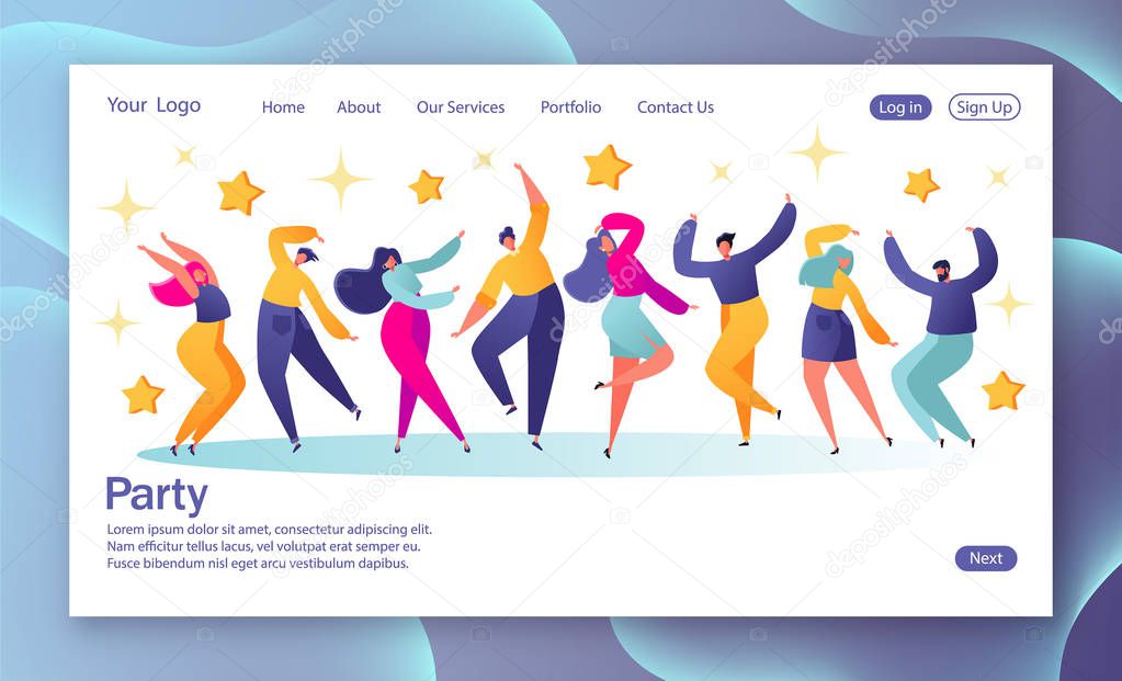 Concept of landing page with young happy dancing people. Young men and women enjoying dance party. Colorful vector illustration. Website development, landing page template.