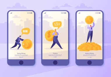 Mobil uygulaması sayfa, ekran kurulum. Web sitesinde iş ve Finans Tema için kavram. Para, iş yatırım yapma. Para tasarrufu kavramı. Karakter para kazanmak. Para kar, gelir kavramı.