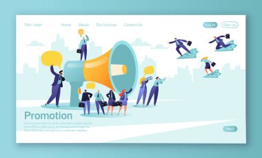 Açılış sayfası mobil web sitesi geliştirme ve web sayfası tasarımı için kavramı. Organizatörü büyük megafon konuşuyor ve alıcılar yatırımcı ve işadamlarının çekiyor. 