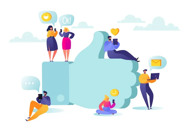 Illustrazione vettoriale con personaggi di persone piatte che chattano nei social network vicino a big symbolemoji . — Vettoriale Stock