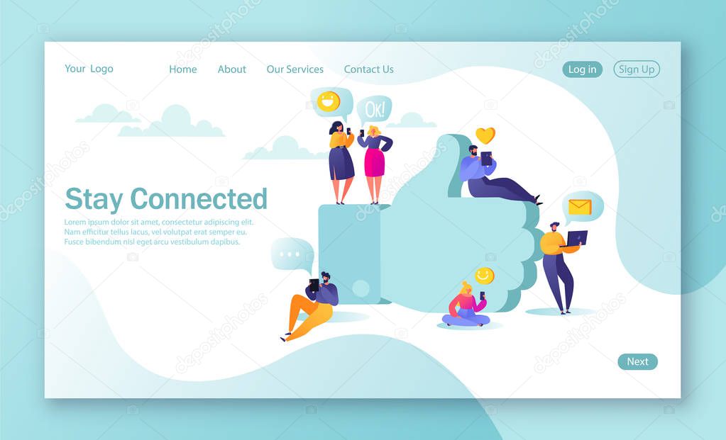 Concept of landing page for mobile website development and web page design. Flat people characters chatting in social networks near big symbolemoji Like.