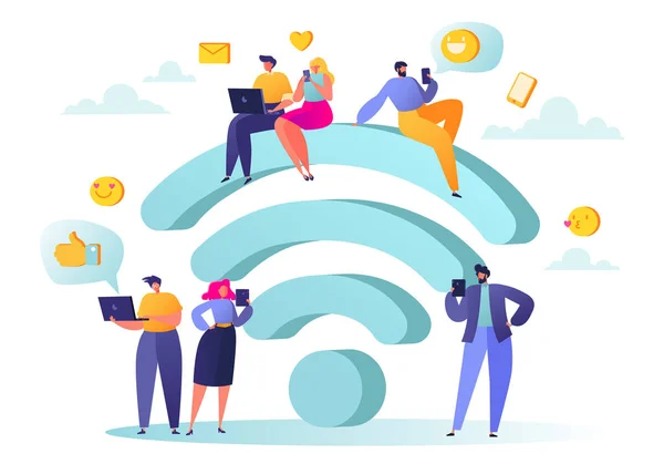 Connessione Wi-Fi. Persone riunite vicino a un grande simbolo Wi-Fi . — Vettoriale Stock