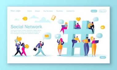 Sayfa tasarımı Sosyal Medya ağ konulu açılış. Bir büyük sembolü hashtag kişi toplandı.