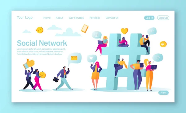 Landing Page Design auf Social-Media-Netzwerk-Thema. Menschen versammelten sich in der Nähe eines großen Symbolhashtags. — Stockvektor