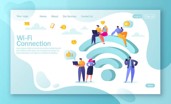 Concept of landing page on social media network theme fnd Wi-Fi connection. 