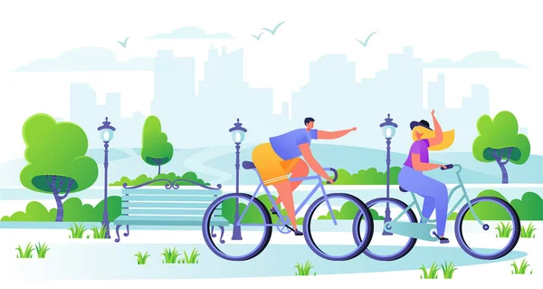 Man och kvinna tecken cyklar med staden i bakgrunden. — Stock vektor