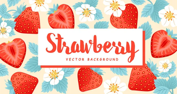 Fundo com bagas de morango, folhas e flores padrão — Vetor de Stock
