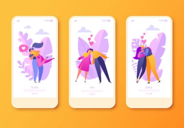 Romantik vektör çizim hareket eden app sayfa, ekran kurulum. Mutlu düz insanlar karakter benimsemesi ve KISS. 