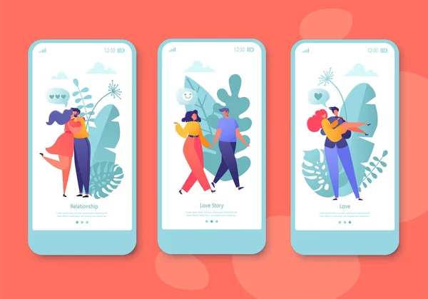 Романтическая векторная иллюстрация мобильное приложение страница, набор экрана. Счастливые плоские люди обнимают и целуют . — стоковый вектор