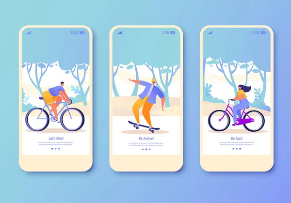 Set of mobile app page, screen set on healthy lifestyle theme. Active people sports. — Stock Vector