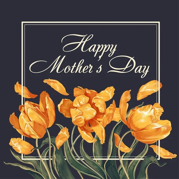 "Modèle de bannière de la fête des mères avec bouquet de tulipes jaunes et cadre . — Image vectorielle